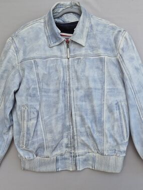 My Style M Real Leather Distressed Blue Bomber Flight Jacket Removable Liner